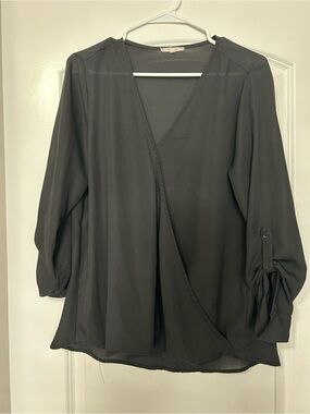 Pleione Black Wrap-Front Blouse